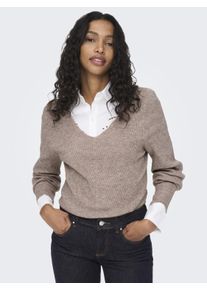 Only Damen V-Ausschnitt-Pullover "ONLATIA L/S V-NECK CUFF KNT", beige, casual, Gr. XS, meliert, Rippstrick, Obermaterial: 50% Viskose, 27% Nylon, 23%