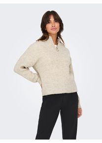 Only Damen Strickpullover "ONLTOKYO SOLID L/S ZIP PULLOVER KNT NOOS", beige, modisch, Gr. M, meliert, Strick, Obermaterial: 79% Polyester, 13%