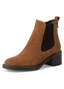 Tamaris Damen Chelseaboots, Gr. 38, braun, Leder, Elastischer Einsatz, unifarben mit Farbeinsatz, klassisch, Schuhe, Blockabsatz, Stiefelette,