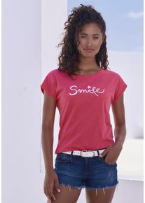 Beach Time BEACHTIME T-Shirt 'mit Frontdruck "Smile"' orange Gr. 32/34 für Damen. Rundhals und Print. Bequem. Nachhaltig.
