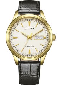 Citizen Herren Automatikuhrschwarz, goldfarben, Armbanduhren, Armbanduhr, Herrenuhr, Mechanische Uhr, Edelstahlarmband, analog, Tag