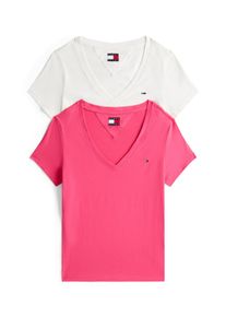 Tommy Jeans Damen T-Shirt "TJW 2PACK V-NECK TEE"ecru, jewel pink, casual, Gr. XS, gestreift, Jersey, Obermaterial: 100% Baumwolle, Shirts, mit