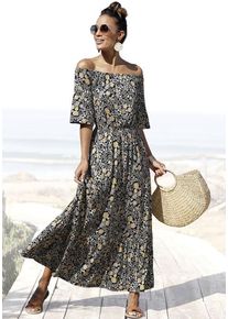 Lascana Maxikleid mehrfarbig Gr. 34 für Damen. Carmenausschnitt und Allover-Druck. Figurumspielend