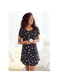 Nachthemd Vivance DREAMS, Damen, Gr. 32/34, N-Gr, schwarz (schwarz, gemustert), Single Jersey, Obermaterial: 100% Baumwolle, gemustert, Basic, bequem kurz, Rundhals, eingesetzt Aufschlag, Kleider Nachthemd, mit G&auml;nsebl&uuml;mchen-Druck