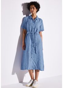 Street One Damen Blusenkleidserenity blau, casual, Gr. 42, gestreift, Stoff, Obermaterial: 100% Leinen; Gürtel: 100% Leinen, Kleider, mit Bindegürtel