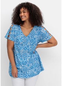 Große Größen Ausbrenner-Shirt mit geschlitzten Ärmeln Gr. 56/58 blau bedruckt von sheego für Damen