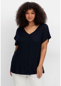 Große Größen Shirt mit V-Ausschnitt und Zierpaspel vorn Gr. 56/58 blau von sheego für Damen