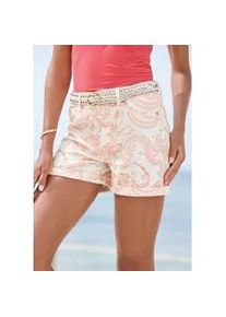 Jeansshorts Lascana, Damen, Gr. 36, N-Gr, creme, koralle bedruckt, Denim/Jeans, Obermaterial: 67% Baumwolle, 29% Polyester, 4% Elasthan, bedruckt, casual, figurbetont ca. Mitte Oberschenkel, Jeans, mit Paisley-Print, Bermudas zum Krempeln, kurze Hose mit Stretch