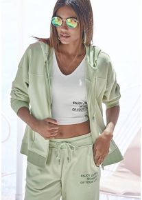 Buffalo Kapuzensweatjacke grün Gr. 32/34 für Damen. Mit Druck. Bequem. Nachhaltig.