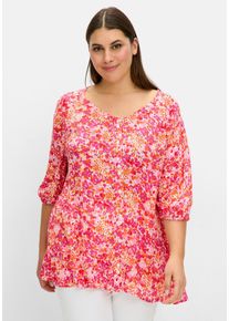 Große Größen Crêpe-Bluse mit Blumendruck und Volant am Saum Gr. 54 pink geblümt von sheego für Damen