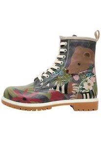 Schn&uuml;rboots DOGO "Long Boots Schn&uuml;rstiefel Bear And Flowers Damen Stiefeletten", Damen, Gr. 36, Normalschaft, beige (natur), Lederimitat, Schuhe Schn&uuml;rboots, Handgefertigt