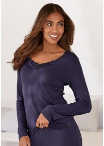 Lascana Pyjamaoberteil blau Gr. 32/34 für Damen. V-Ausschnitt und Spitze