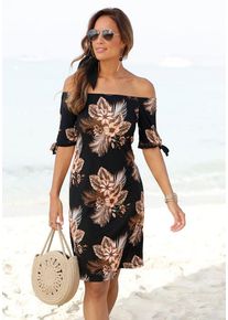 Beach Time BEACHTIME Strandkleid mehrfarbig Gr. 34 für Damen. Carmenausschnitt und Allover-Druck. Figurumspielend