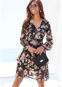 Lascana Druckkleid schwarz Gr. 34 für Damen. V-Ausschnitt und Allover-Druck. Figurumspielend. Nachhaltig.