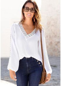 Vivance Crinklebluse weiß Gr. 34 für Damen. V-Ausschnitt und Spitzenbänder. Figurumspielend