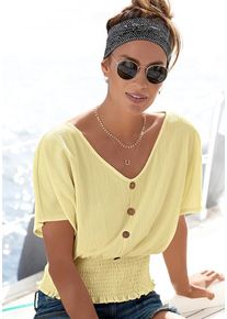 Lascana V-Shirt pastellgelb Gr. 32/34 für Damen. V-Ausschnitt und Zierknöpfe. Figurumspielend