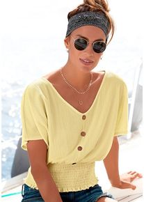 Lascana V-Shirt pastellgelb Gr. 32/34 für Damen. V-Ausschnitt und Zierknöpfe. Figurumspielend