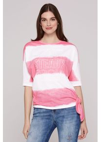 SOCCX Damen Rundhalsshirtfloral pink, casual, Gr. ML, gestreift, bedruckt, Material: 65% Polyester, 35% Baumwolle, Shirts, mit Knoten-Saum