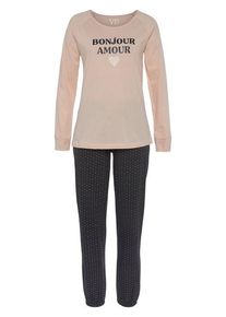 Vivance Dreams Pyjama Aprikose Gr. 44/46 für Damen. Rundhals und Schriftzug, Allover-Druck