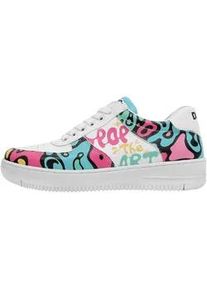Sneaker DOGO "Dice Low-Top Sneaker Pop The Art Damen Sneaker", Damen, Gr. 36, Normalschaft, bunt (wei&szlig;), Lederimitat, Schuhe Skaterschuh Schn&uuml;rschuh Sneaker low, Handgefertigt