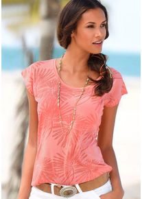 Beach Time BEACHTIME Kurzarmshirt 'mit leicht transparenten Palmen' mehrfarbig Gr. 32/34 für Damen. Tiefer Rundhals und Print. Bequem