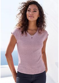Lascana Kurzarmshirt 'mit funkelndem Strassknopf' violett Gr. 40/42 für Damen. V-Ausschnitt und Zierknopf. Bequem. Nachhaltig.