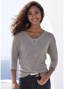 Lascana 3/4-Arm-Shirt 'mit funkelndem Strassknopf' grau Gr. 32/34 für Damen. V-Ausschnitt und Zierknopf. Bequem. Nachhaltig.