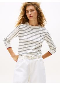 Tommy Hilfiger Damen Rundhalspullover "CO JERSEY STITCH LS C-NK SWT"ivory silk, schwarz night navy fine stp, casual, Gr. L, gestreift, Strick,