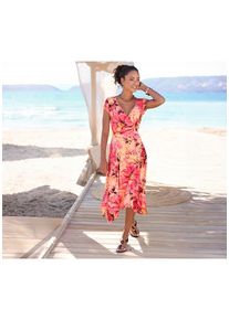 Beach Time BEACHTIME Sommerkleid pink Gr. 34 für Damen. V-Ausschnitt und Allover-Druck. Figurbetont. Nachhaltig.