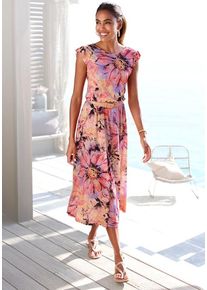 Lascana Midikleid pink Gr. 34 für Damen. Rundhals und Allover-Druck. Figurumspielend. Nachhaltig.