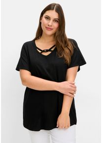 Große Größen Shirt mit verziertem V-Ausschnitt Gr. 40/42 schwarz von sheego für Damen