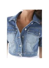 Jeansjacke Aniston CASUAL, Damen, Gr. 38, blau (blau, used), Web, Obermaterial: 98% Baumwolle, 2% Elasthan, unifarben, figurbetont kurz, normaler Saum, Jacken Jeansjacke, in Used-Washung