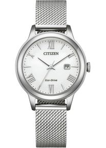 Citizen Damen Solaruhrsilberfarben, weiß, Armbanduhren, Armbanduhr, Damenuhr, Edelstahlarmband, analog, Datum, Eco-Drive