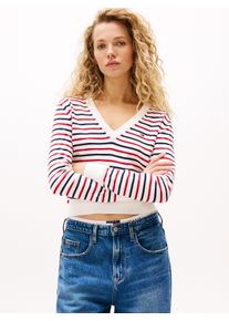 Tommy Jeans Damen V-Ausschnitt-Pullover "TJW ESSENTIAL VNECK SWEATER EXT"weiß, rot, navy stripe, casual, Gr. XL, gestreift, Strick, Obermaterial: