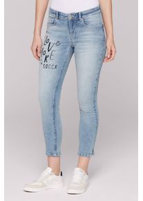 SOCCX Damen Slim-fit-Jeanssun bleach blau, casual, Gr. 31, bedruckt, Material: 98% Baumwolle, 2% Elasthan, Zusatz: Enthält nichttextile Teile