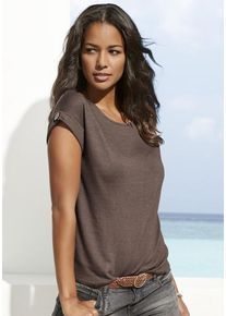 Lascana Kurzarmshirt 'mit Knopfdetail am Ärmelabschluss' taupe Gr. 32/34 für Damen. Mit Rundhals. Bequem. Nachhaltig.