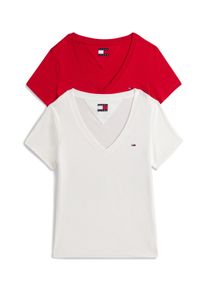 Tommy Jeans Damen T-Shirt "TJW 2PACK V-NECK TEE"ecru, sapphire rot, casual, Gr. L, gestreift, Jersey, Obermaterial: 100% Baumwolle, Shirts, mit