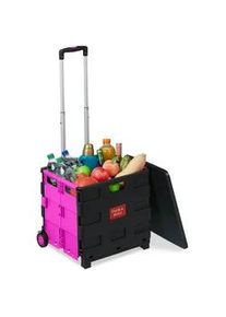 Relaxdays Relaxdays Einkaufstrolley klappbar, bis 35 kg, 50 l Kiste, mit Teleskopgriff, 2 Rollen, Transport Trolley, pink/schwarz