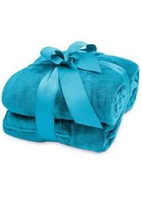 Lumaland Kuscheldecke - 170 x 200 cm - 50 cm Fußtasche - Sofadecke & Tagesdecke - Himmelblau