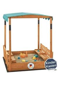 DELUKE® Sandkasten mit Dach BILA 145x118x118cm Inkl. Bodenfolie, Klappbare Sitzbänke Sandkiste mit Abdeckung Matschküche Spielkasten für Kinder