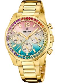 Festina Damen Chronograph "Boyfriend Collection"goldfarben, bunt, Armbanduhren, Armbanduhr, Quarzuhr, Damenuhr, Stoppfunktion, Regenbogen