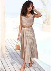 Lascana Maxikleid beige Gr. 34 für Damen. Tiefer Rundhals und Zierknöpfe. Figurumspielend