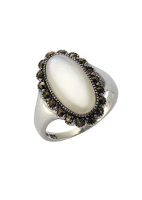 ZEEme Gemstones Ring Silber 925 oxydiert mit weißem Perlmutt und 18 Markasit-Steinen