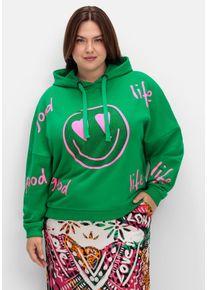 sheego loves miss goodlife Große Größen Kapuzensweatshirt mit Smiley-Druck und Glitzersteinen Gr. 46 grün von sheego für Damen