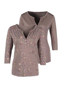 Lascana 3/4-Arm-Shirt taupe Gr. 36/38 für Damen. V-Ausschnitt und Zierknopf. Figurumspielend. Nachhaltig.
