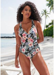 Lascana Damen Badeanzug "Salsa", schwarz, Gr. 38, geblümt, Recycling-Polyamid, Badeanzüge, mit Shaping-Effekt und trendigen Kreuzträgern