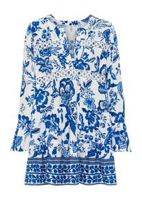 Lascana Damen Longbluse, blau, modisch, Gr. 36, bedruckt, Web, Obermaterial: 100% Viskose. Spitze: 100% Baumwolle, Blusen, mit Spitzeneinsätzen,