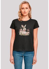 F4NT4STIC Damen T-Shirt "Niedlicher Osterhase mit Blumen", schwarz, casual, Gr. L, Obermaterial: 100% Baumwolle, Shirts, Premium Qualität