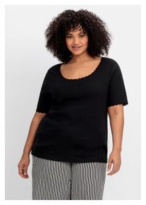 sheego Damen T-Shirt "Große Größen", schwarz, feminin, Gr. 48, unifarben, Obermaterial: 100% Baumwolle;Spitze: 100% Polyamid, Shirts, mit Ajourmuster