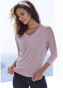 Lascana Damen 3/4-Arm-Shirt "mit funkelndem Strassknopf", lila, feminin, Gr. 32, Strukturmuster, unifarben, Strick, Obermaterial: 77% Viskose